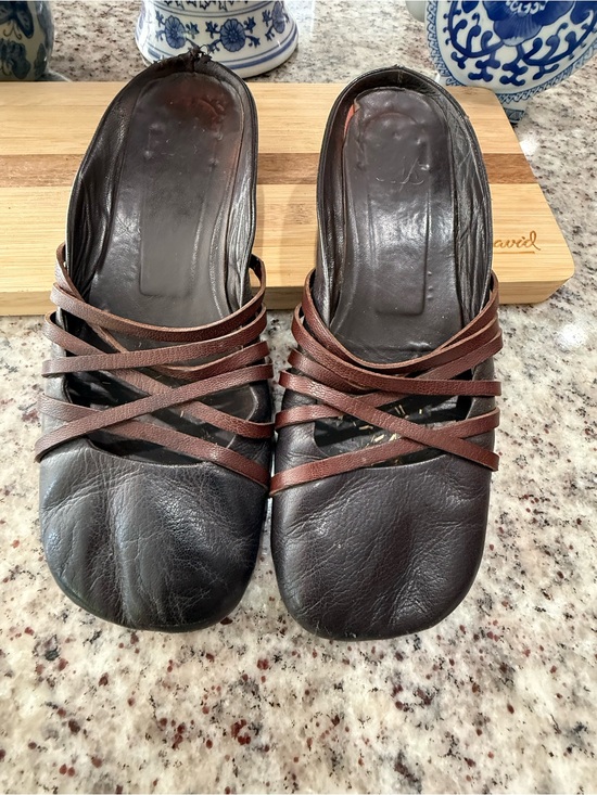 Shoes - Women's Brown Strappy Leather Mule - Comfortable Slip-On